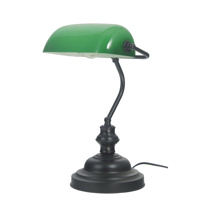 Table Lamp Switched Black w Green Glass B22 40cm Bankers Oriel Lighting
