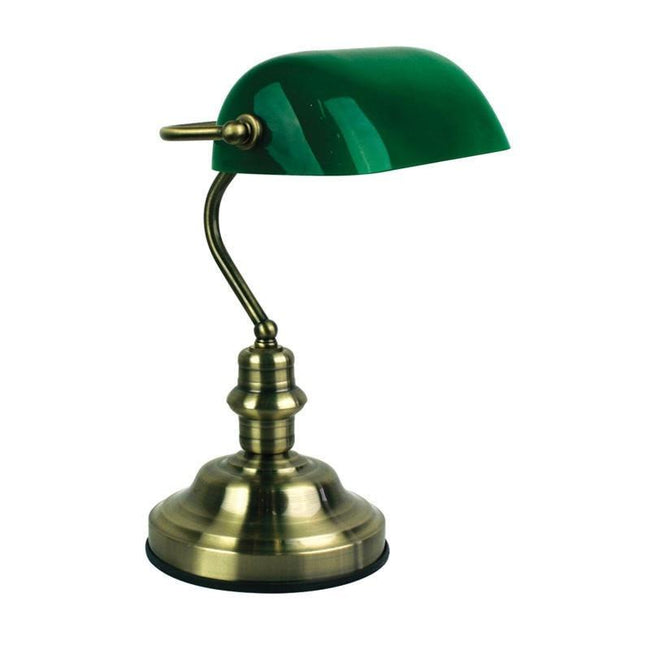 Table Lamp Brass w Green Glass B22 in 40cm Bankers Oriel Lighting - Alpha Lighting & Electrics 